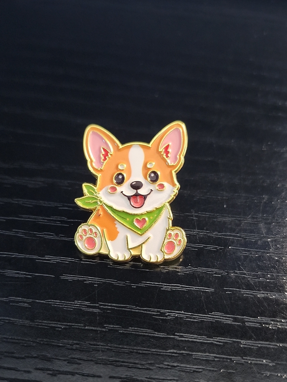 Cute Orange Corgi Enamel Pin with Green Bandana - Pet Lover Accessory
